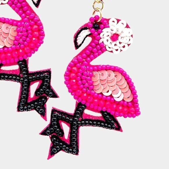 Flamingo Pink Seed Beaded Dangle Earrings - Picture 3 of 6